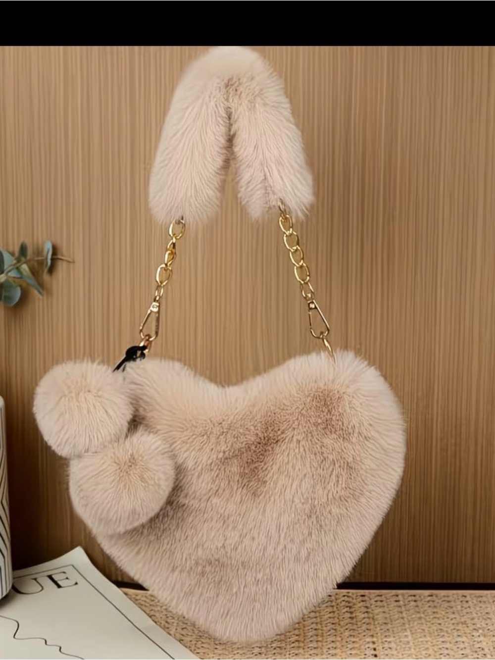 ⁠Cute Cream Heart Plush Mini Handbag with Pom-Poms⁠